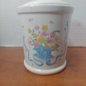 Vintage Flower Basket & Ribbon Ceramic Canister With Lid 6" Tall 5"